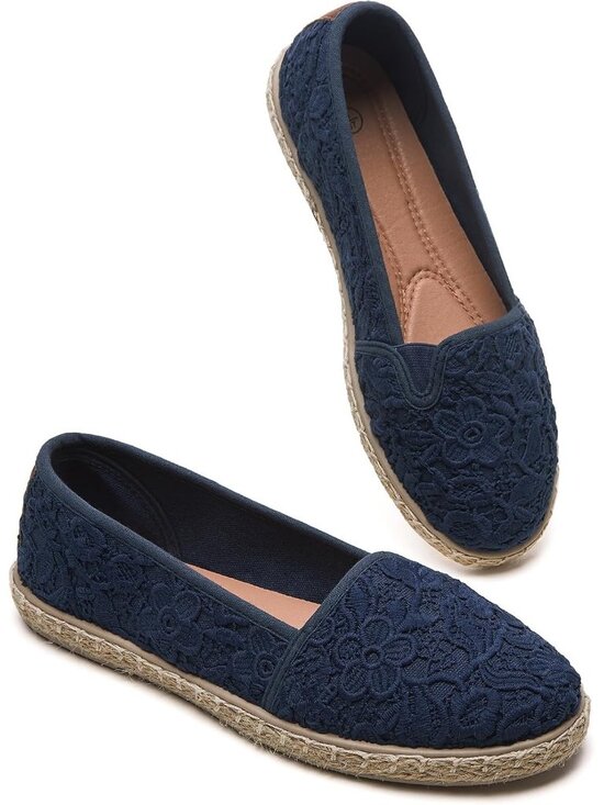 Shoes - Women's Navy Blue Rubber Flower Embroidered Comfortable Round Toe Ballet Flat